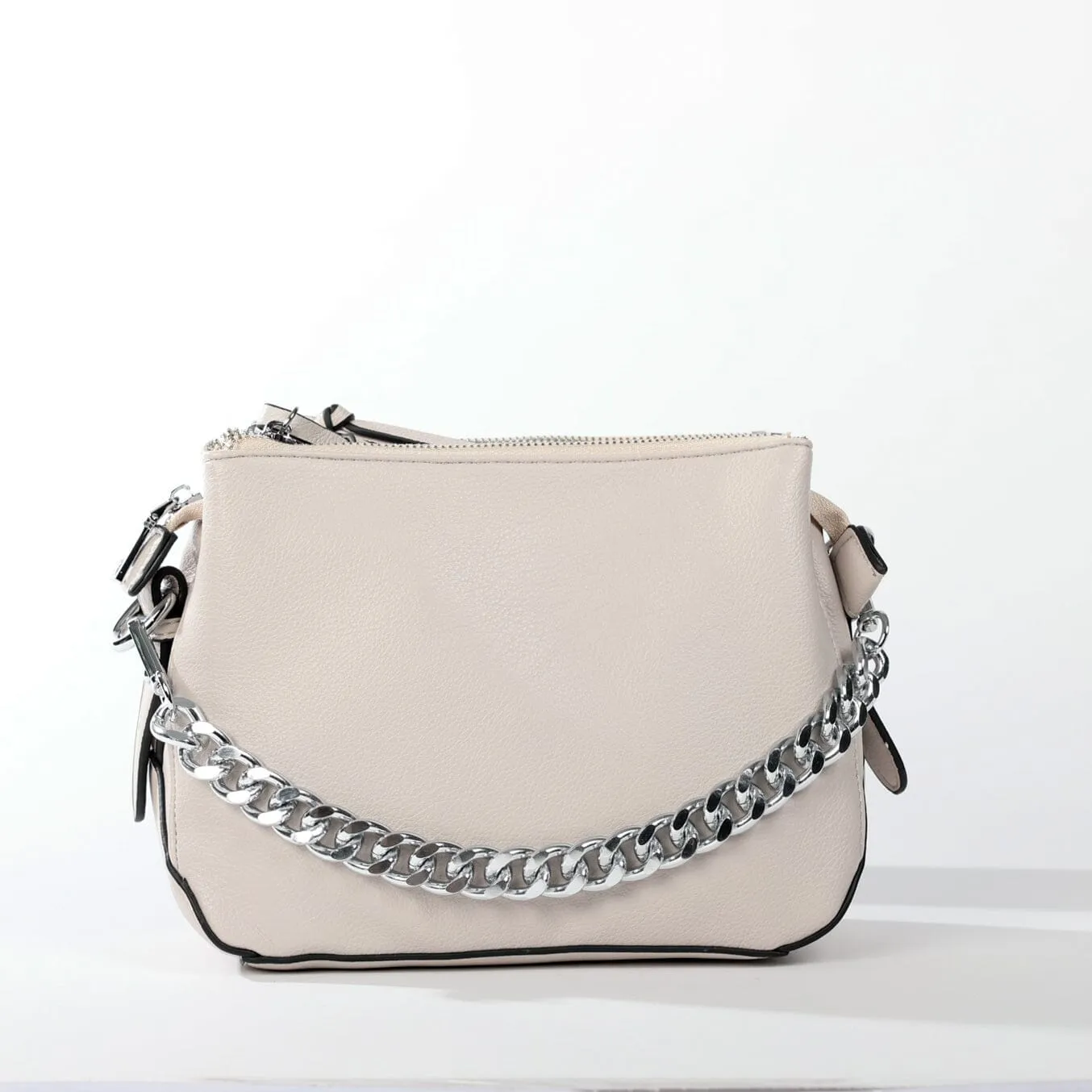 BLACK DOUBLE ZIPPER ADJUSTABLE CHAIN STRAP HANDBAG