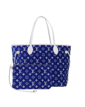 Blue and White Leather Tote Bag with Pouch - Rank A