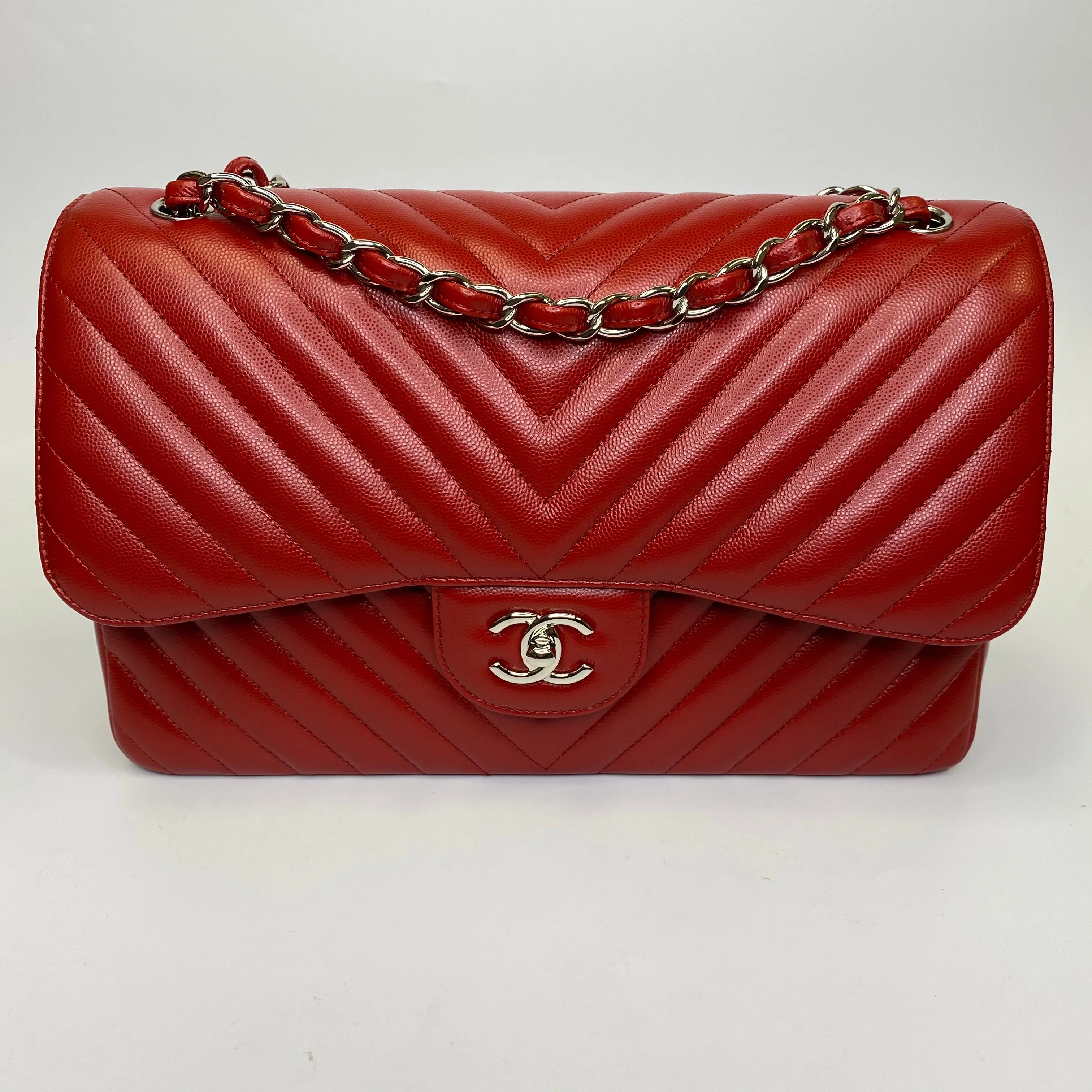 Chanel 2016 Red Chevron Jumbo Double Flap Bag
