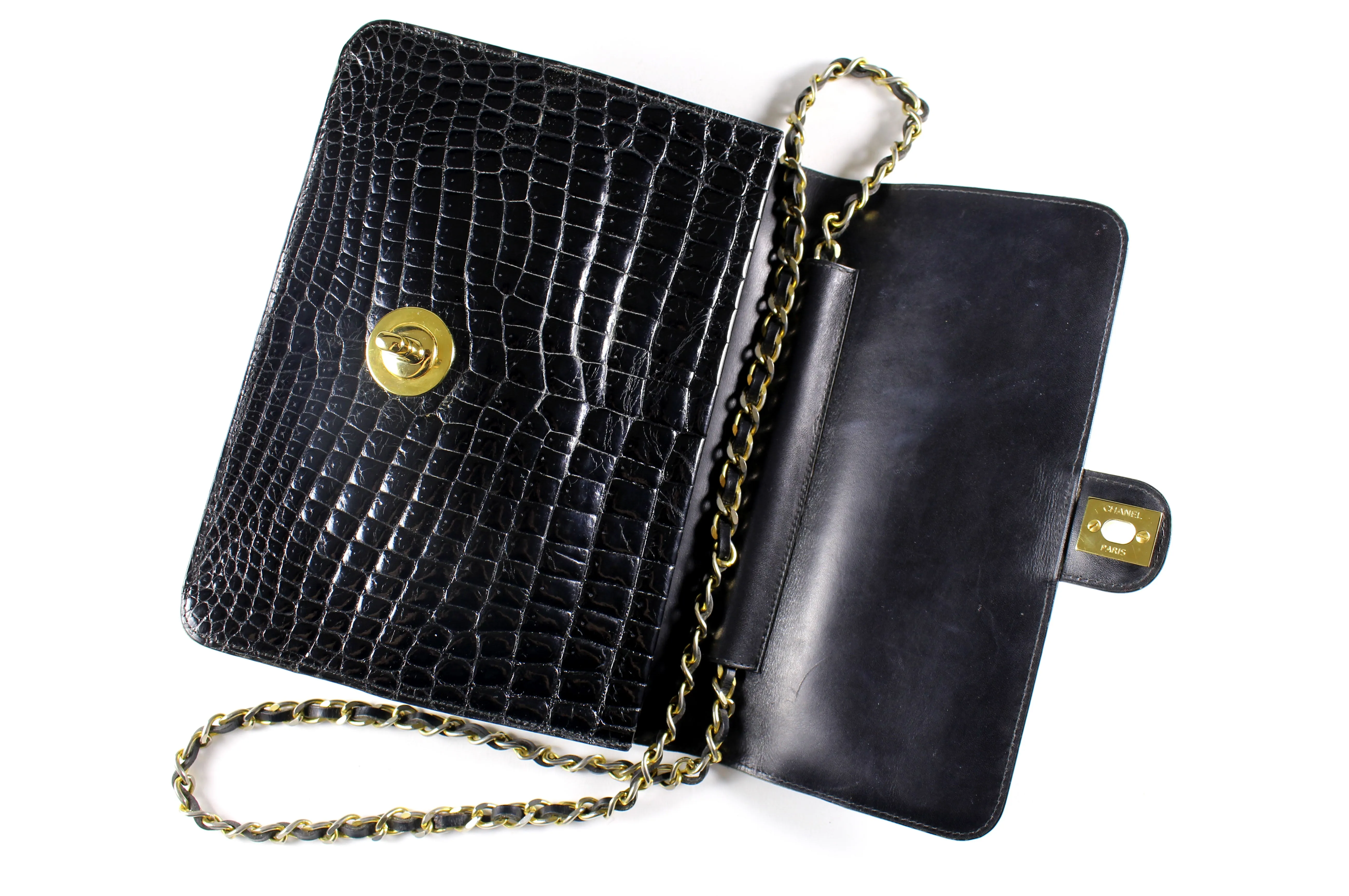 CHANEL black crocodile flap shoulder bag