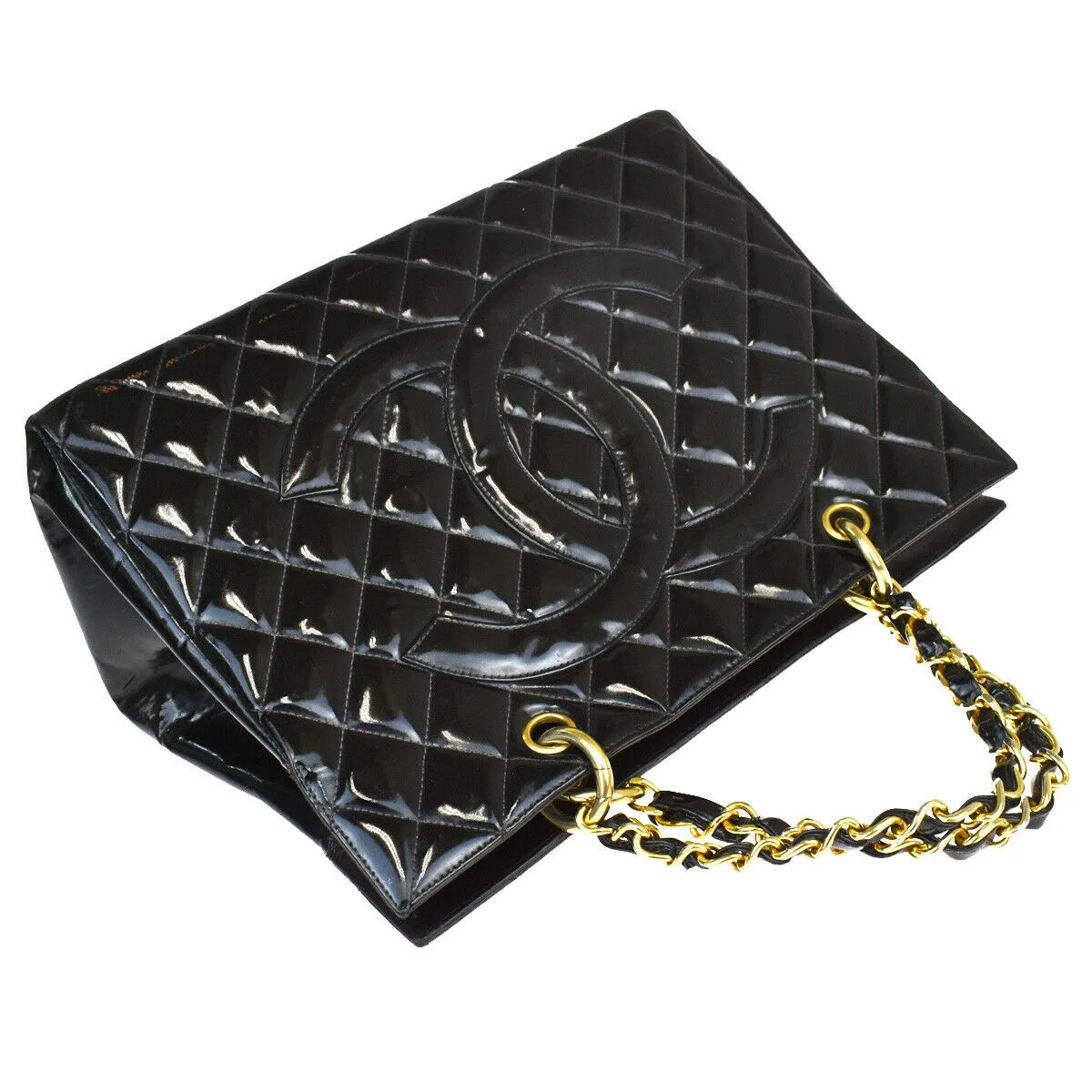 CHANEL CC GST Quilted Chain Hand Bag Patent Leather Black Vintage