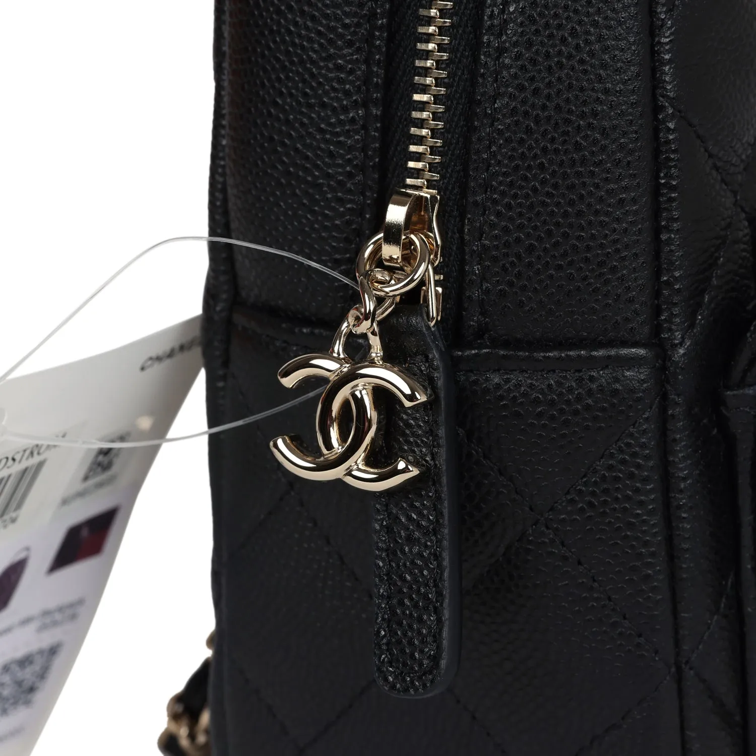 Chanel Mini Phone Holder Backpack with Chain Black Caviar Light Gold Hardware