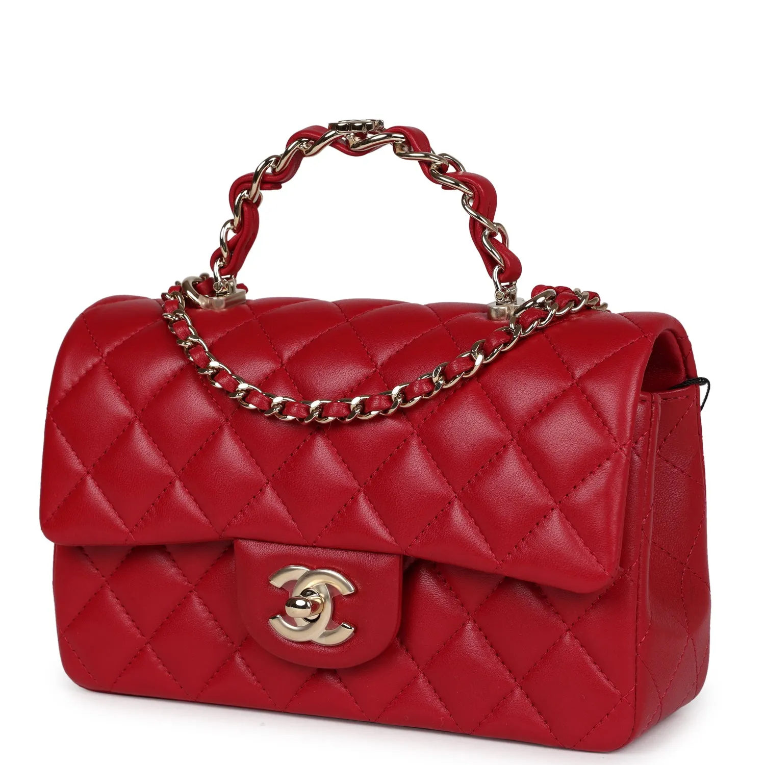 Chanel Mini Rectangular Flap Bag with Interwoven Top Handle Red Lambskin Light Gold Hardware