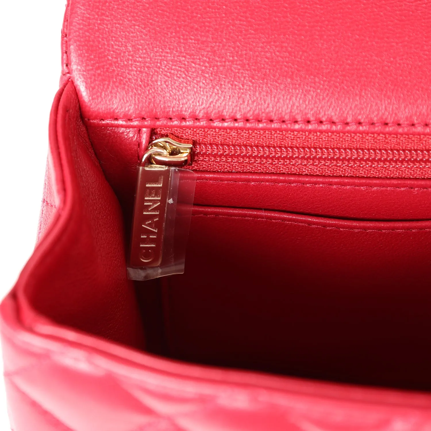 Chanel Mini Rectangular Flap Bag with Interwoven Top Handle Red Lambskin Light Gold Hardware