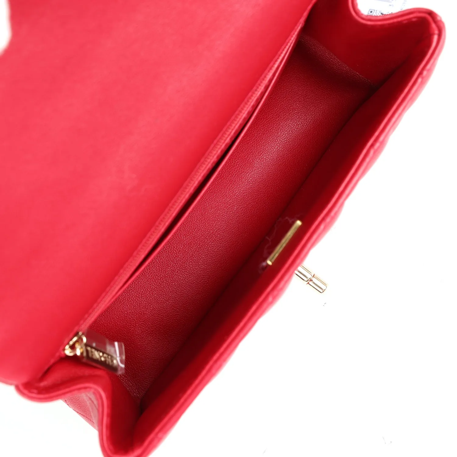 Chanel Mini Rectangular Flap Bag with Interwoven Top Handle Red Lambskin Light Gold Hardware