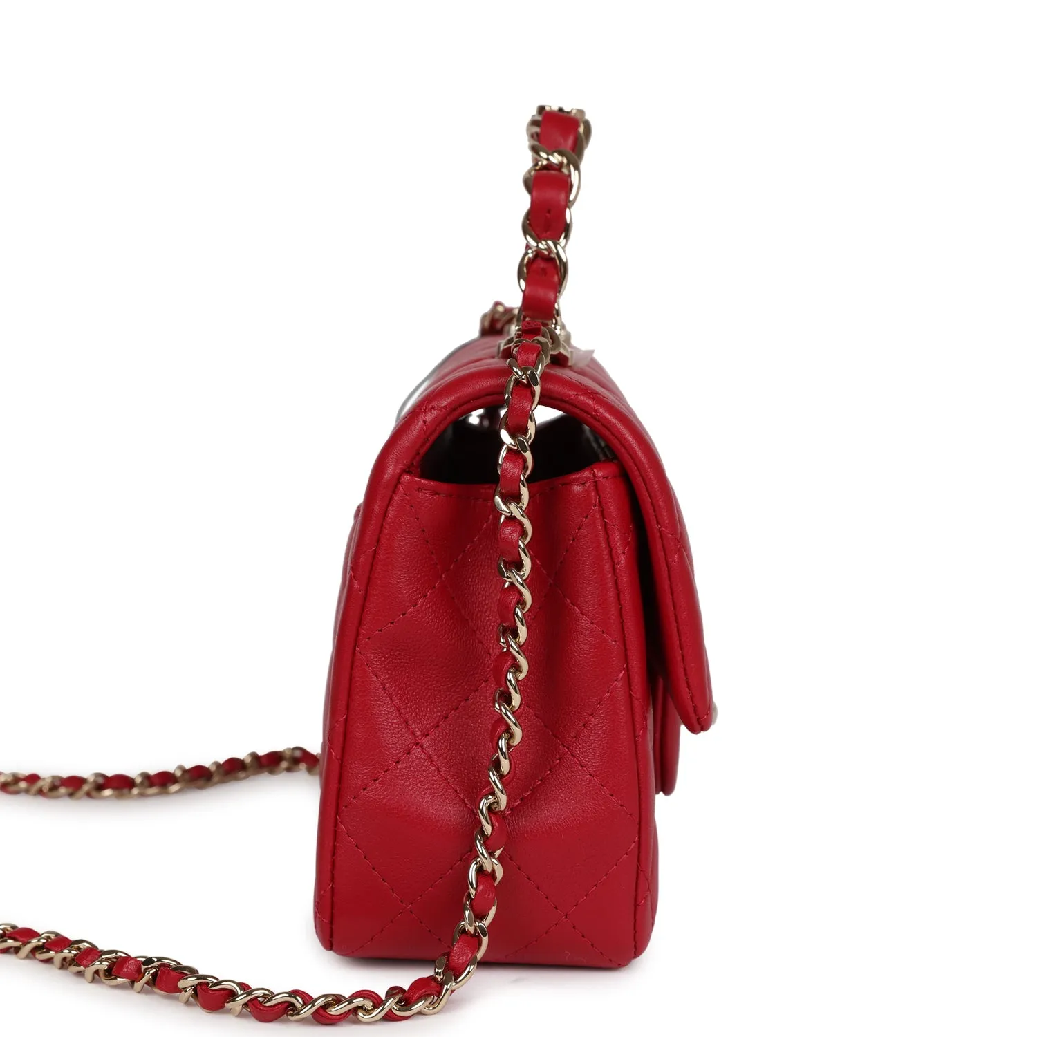 Chanel Mini Rectangular Flap Bag with Interwoven Top Handle Red Lambskin Light Gold Hardware