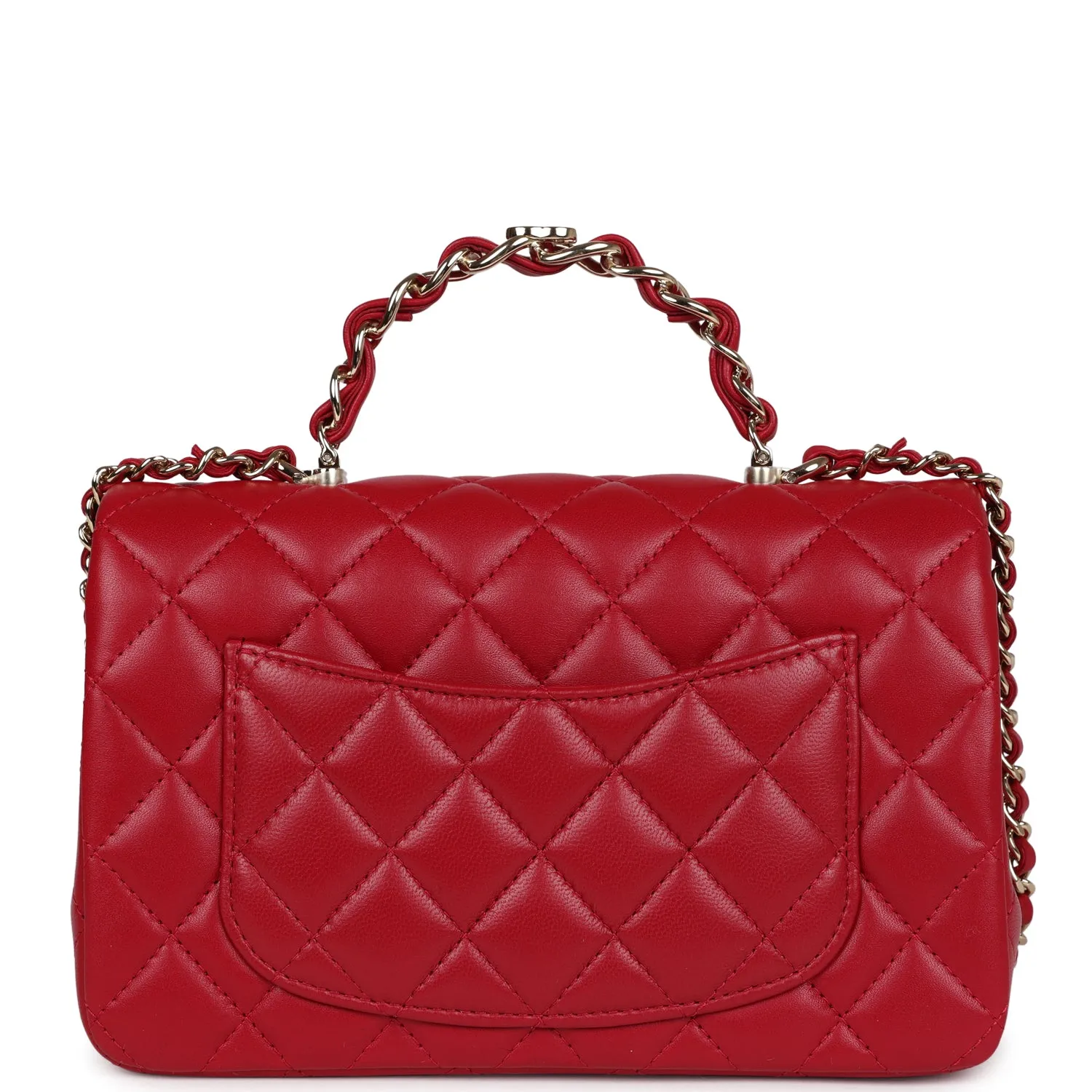 Chanel Mini Rectangular Flap Bag with Interwoven Top Handle Red Lambskin Light Gold Hardware