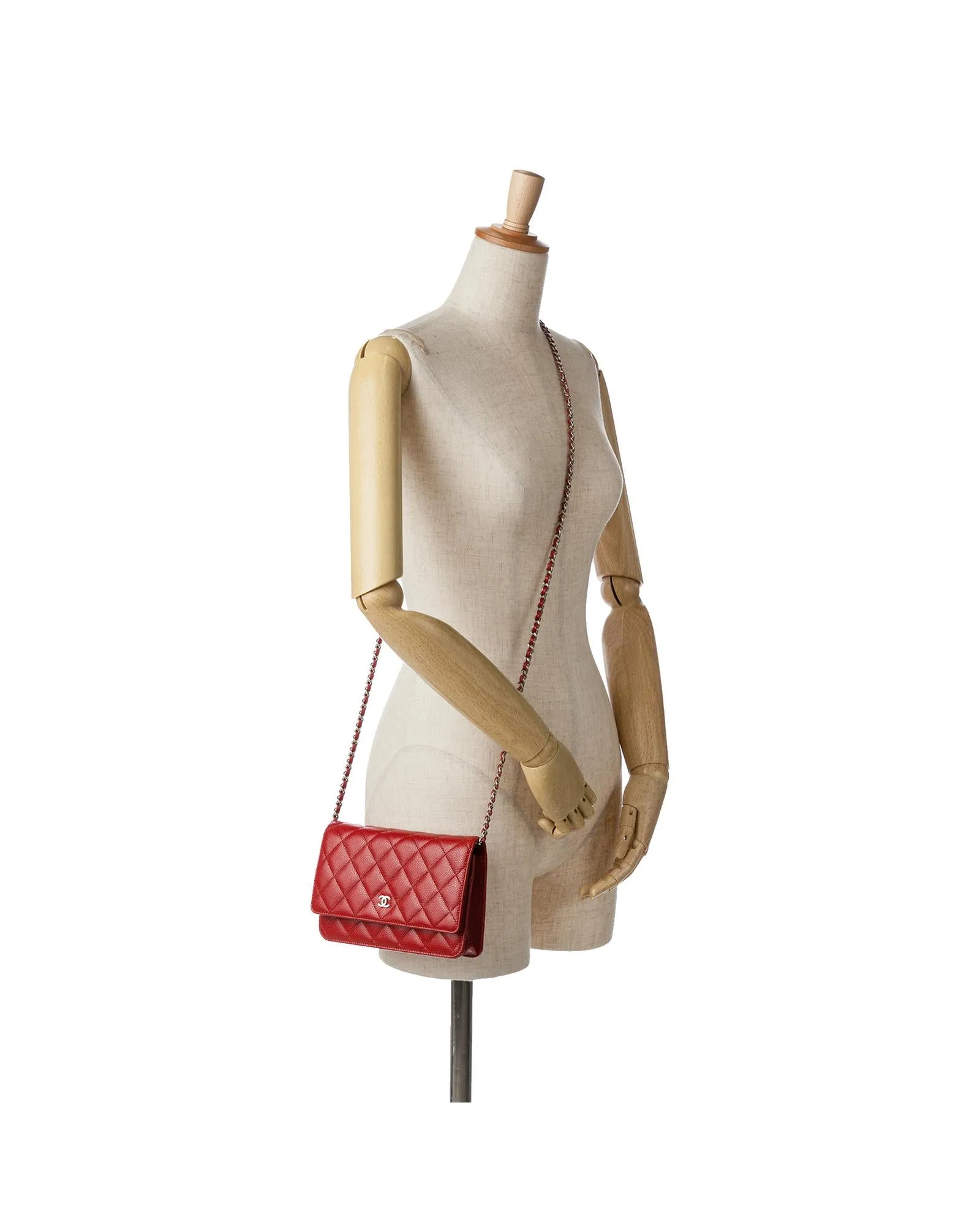 Classic Quilted Leather Wallet on Chain with Silver-Tone Chain Strap