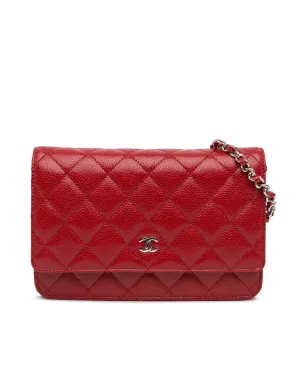 Classic Quilted Leather Wallet on Chain with Silver-Tone Chain Strap