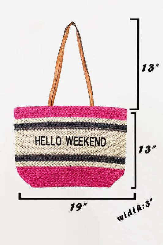 Green Hello Weekend Straw Braided Tote Bag