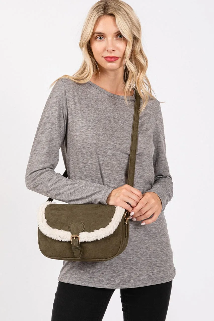 MB0261 Sherpa Trimmed Faux Suede Crossbody Bag