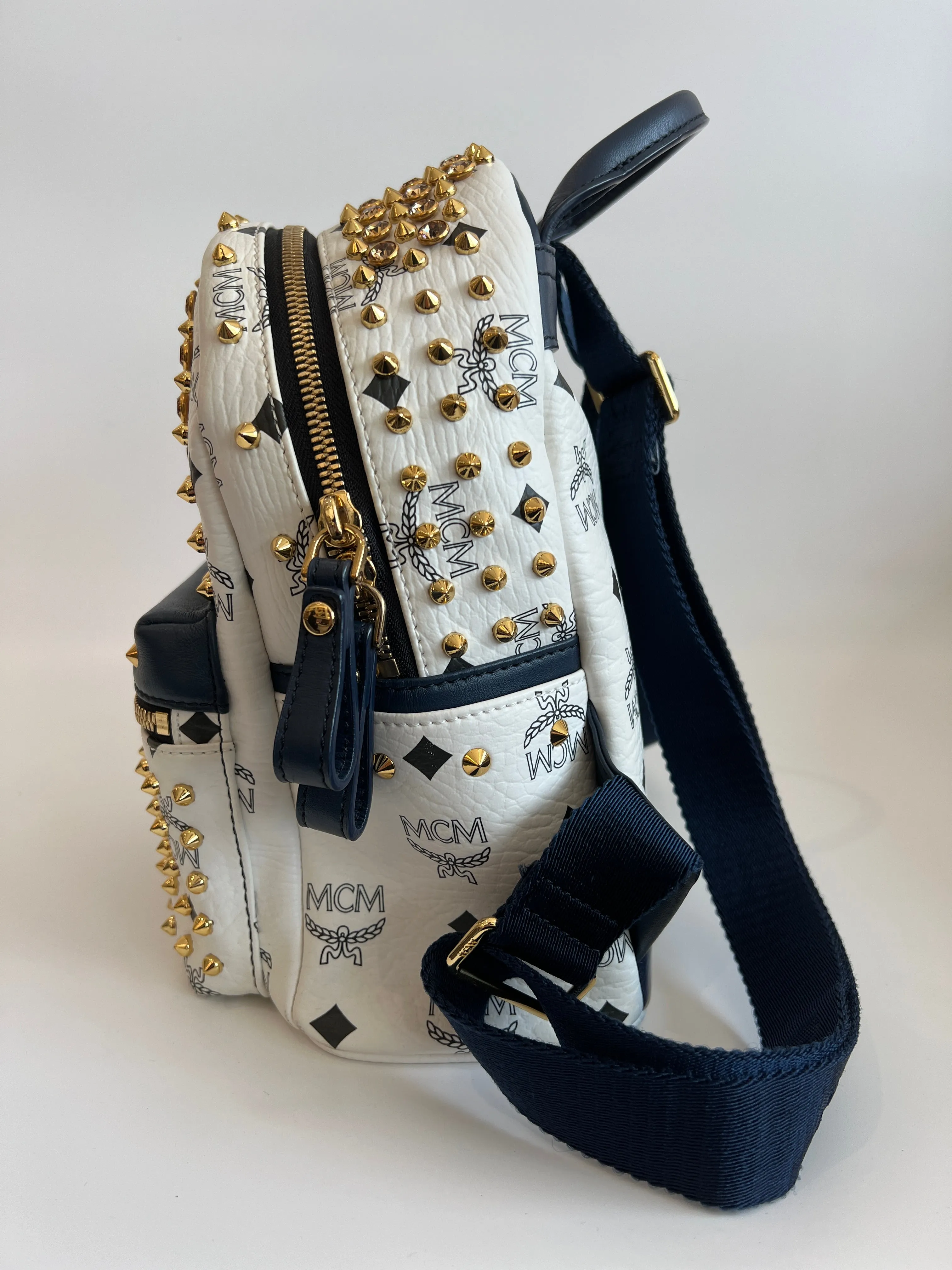 Mini Diamond Stark Backpack in White / Navy