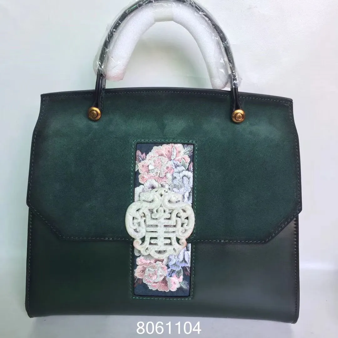 Natural snowflake jade hand embroidery cowhide bag handbag showlderbag