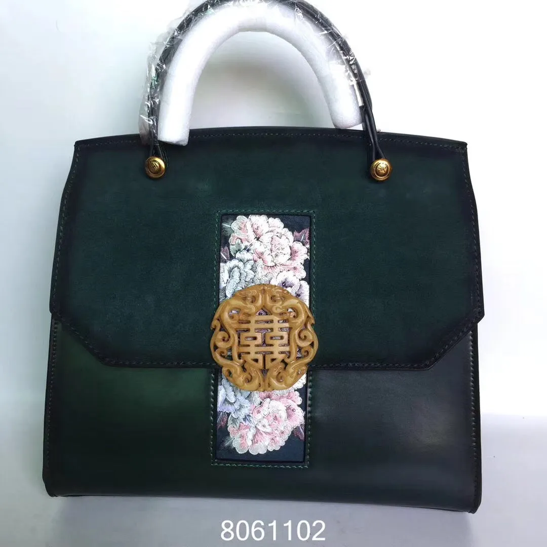 Natural snowflake jade hand embroidery cowhide bag handbag showlderbag