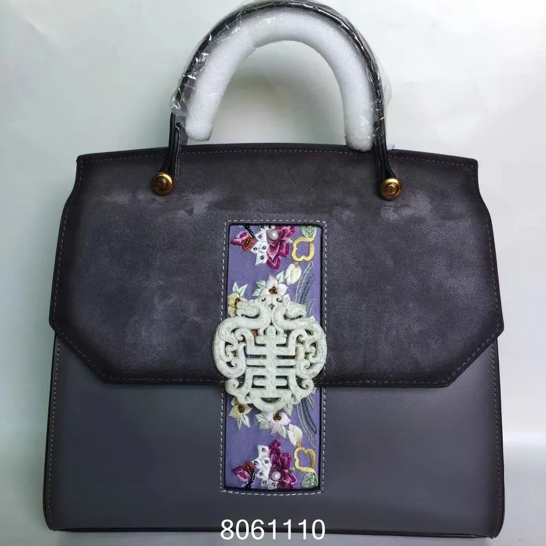 Natural snowflake jade hand embroidery cowhide bag handbag showlderbag
