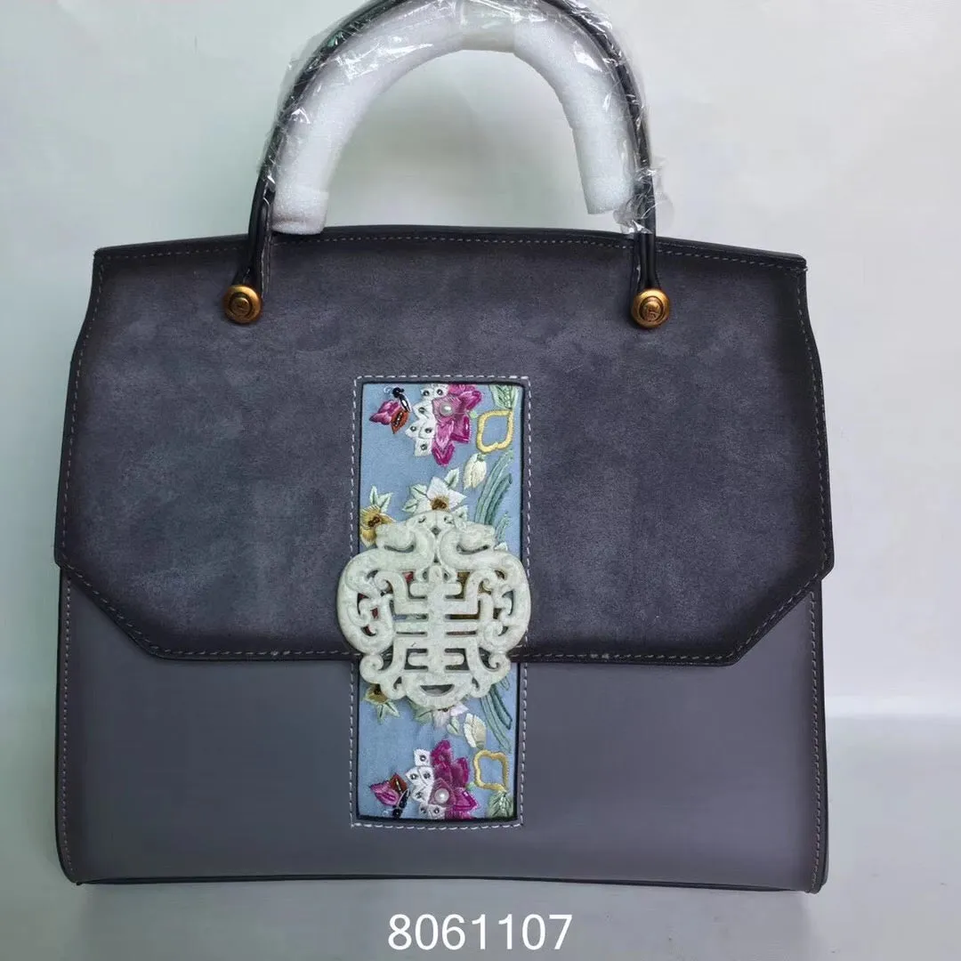 Natural snowflake jade hand embroidery cowhide bag handbag showlderbag