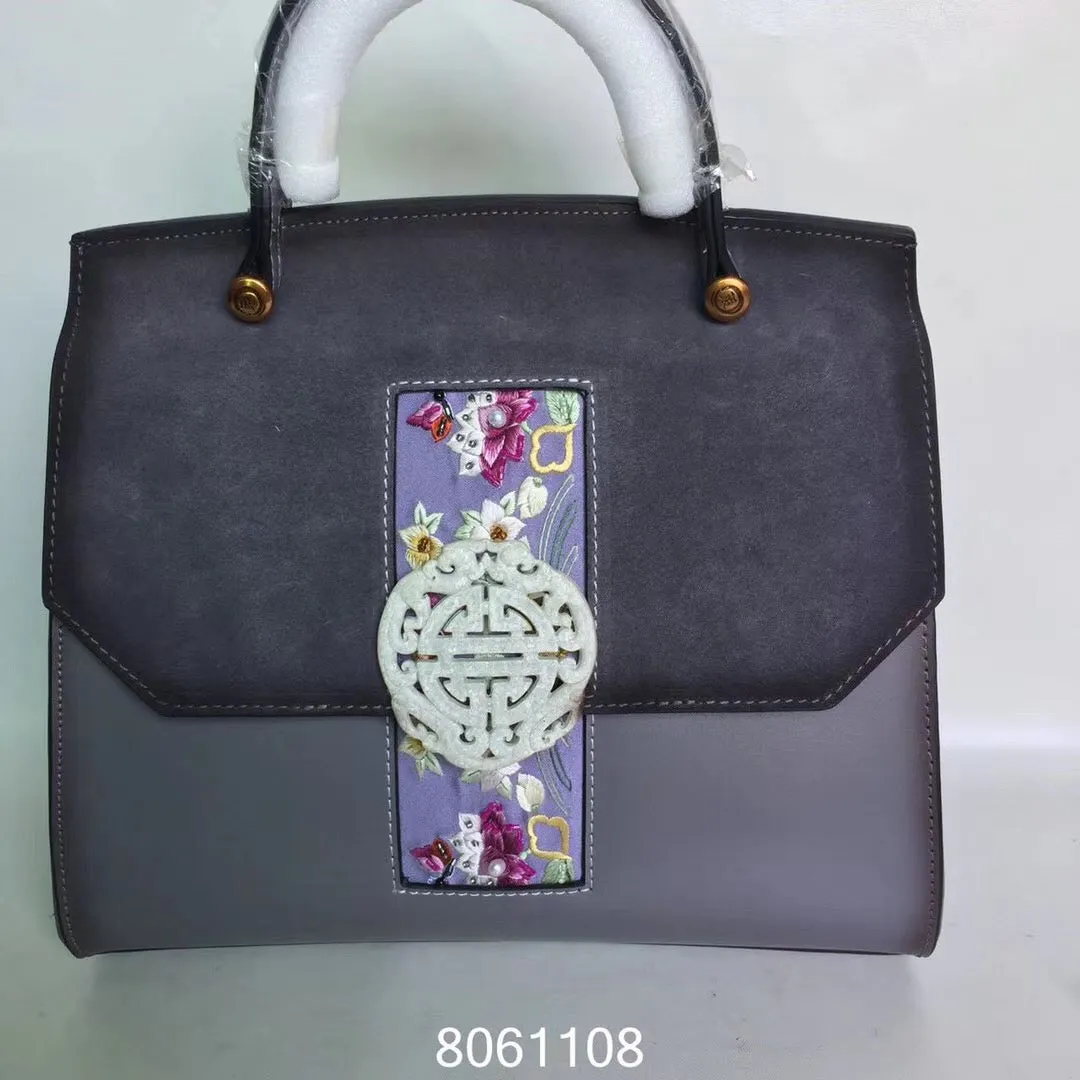 Natural snowflake jade hand embroidery cowhide bag handbag showlderbag