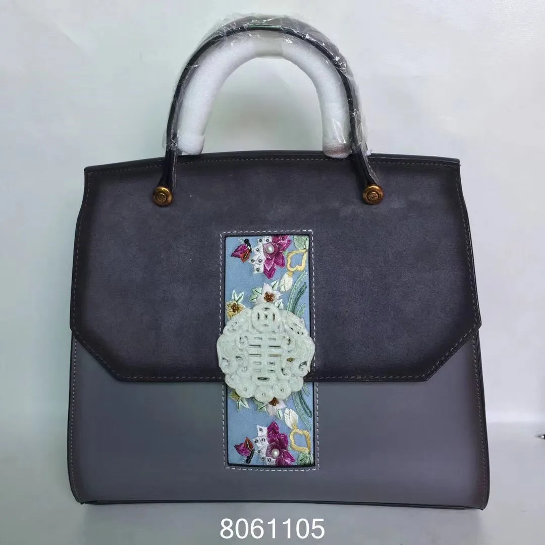 Natural snowflake jade hand embroidery cowhide bag handbag showlderbag