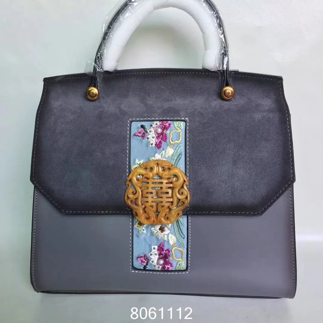 Natural snowflake jade hand embroidery cowhide bag handbag showlderbag