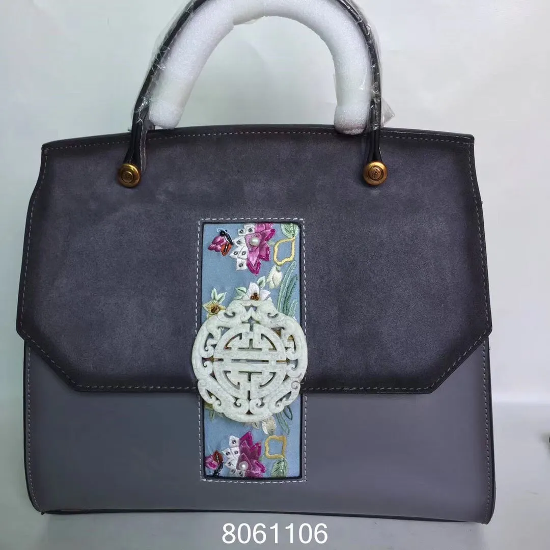 Natural snowflake jade hand embroidery cowhide bag handbag showlderbag
