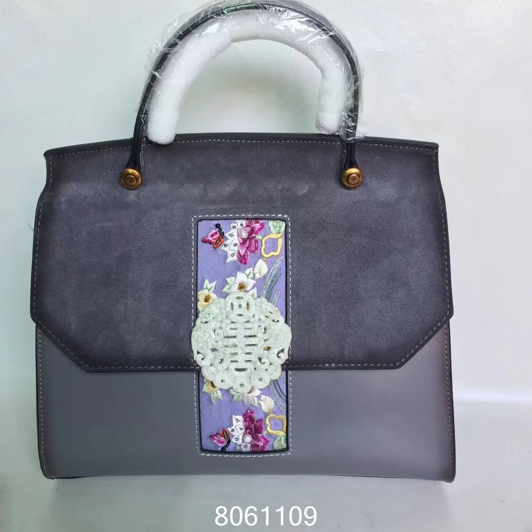 Natural snowflake jade hand embroidery cowhide bag handbag showlderbag