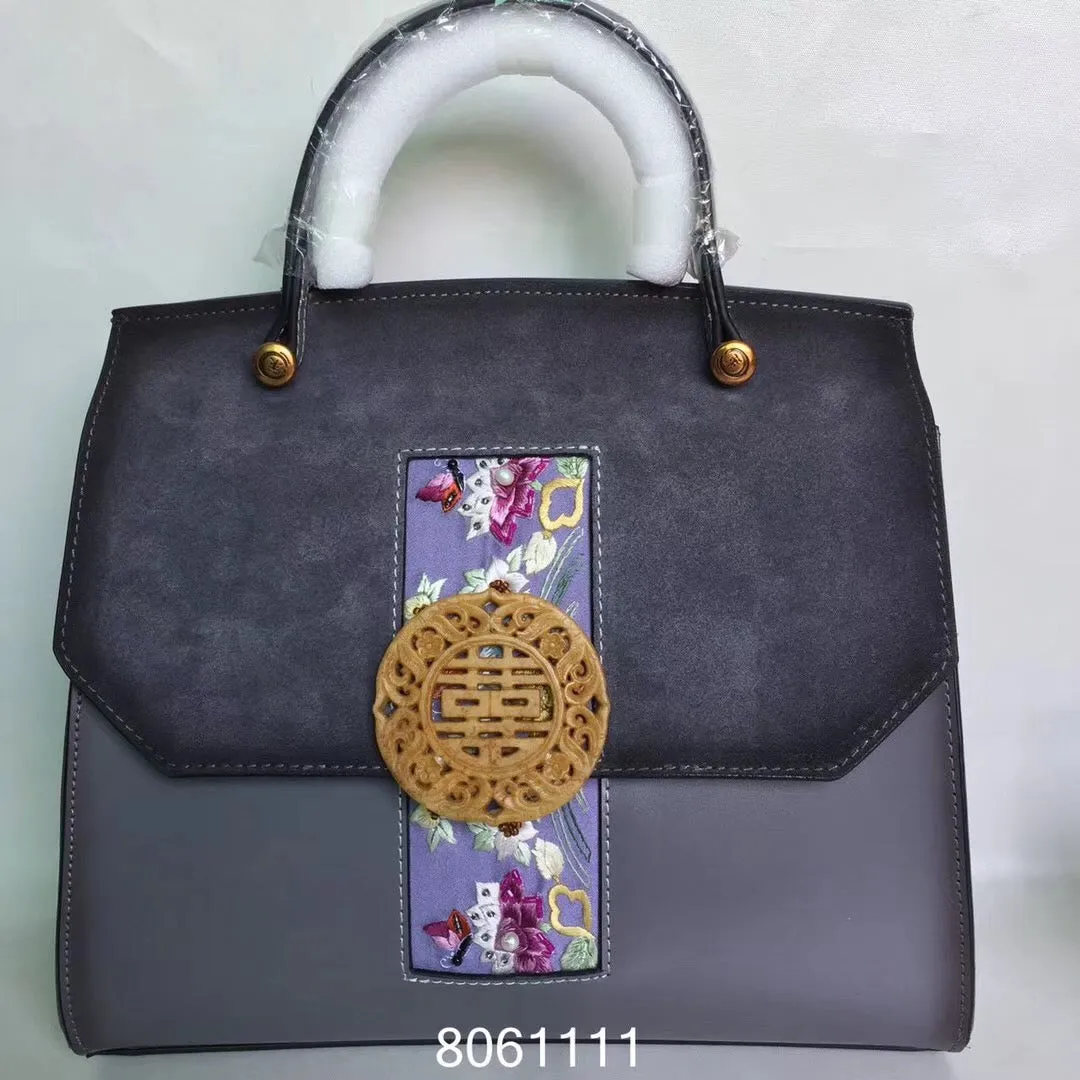 Natural snowflake jade hand embroidery cowhide bag handbag showlderbag